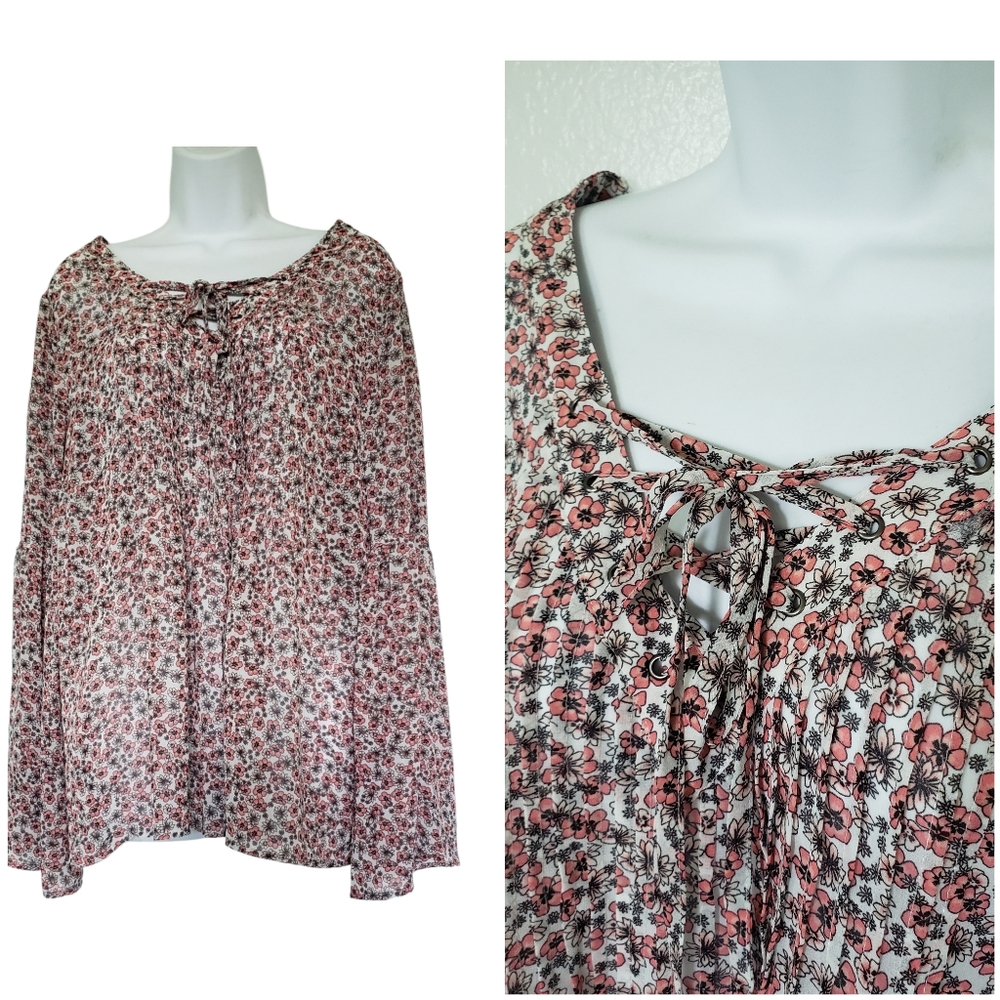 Floral Bell Sleeves Bohemian Plus Size 1 Blouse Top Long Sleeves Flowy